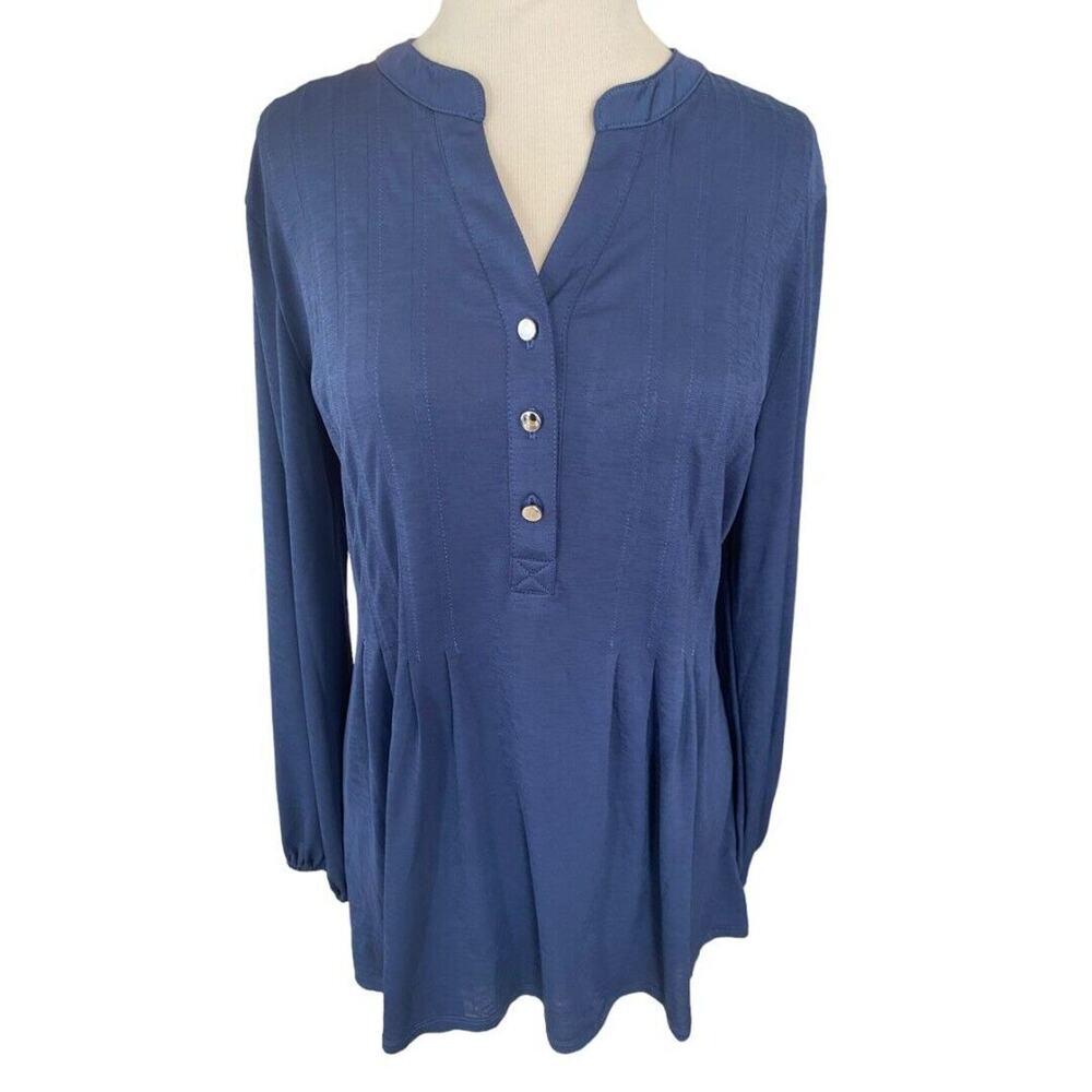 Small NWT Wonderly Blue Pleated Tunic Top Long Sleeve Henley